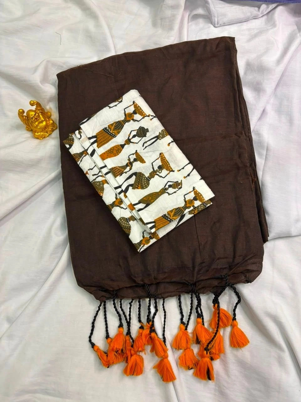 Deep Coffee Brown Khadi Cotton Saree with Tribal Art Blouse  KH003