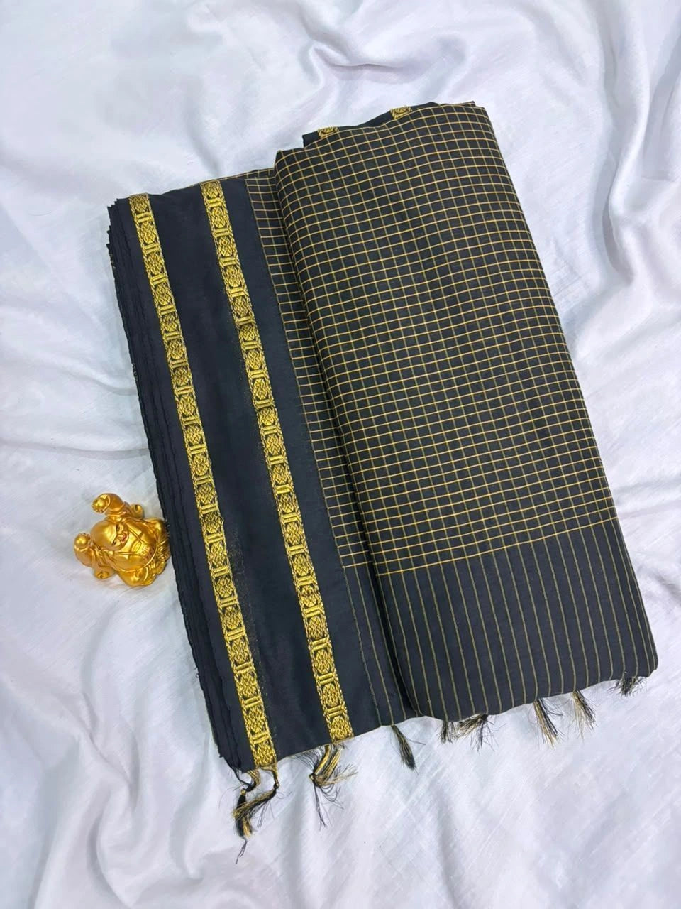 Midnight Black & Gold Checkered Arani Cotton Saree  AC001