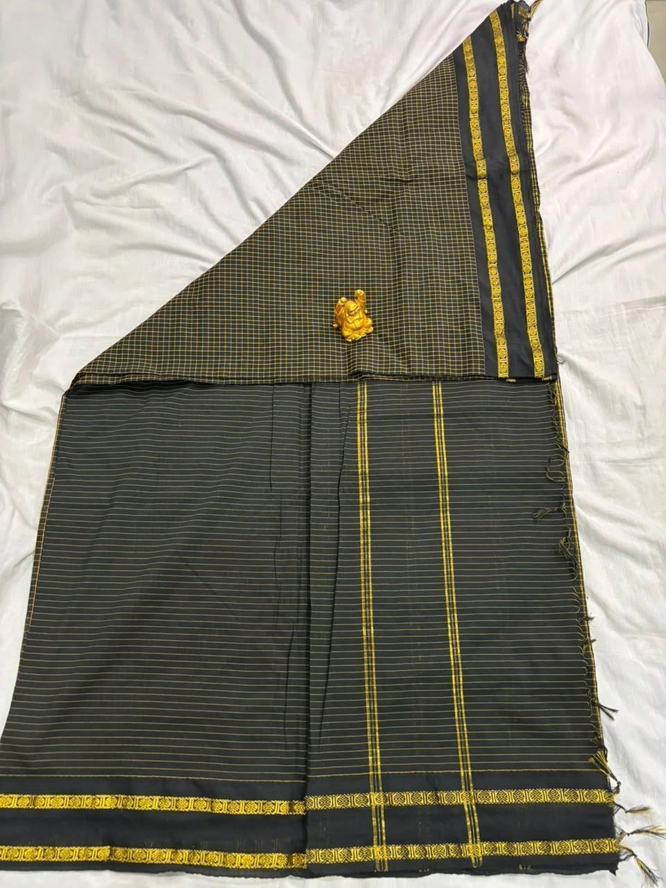 Midnight Black & Gold Checkered Arani Cotton Saree  AC001