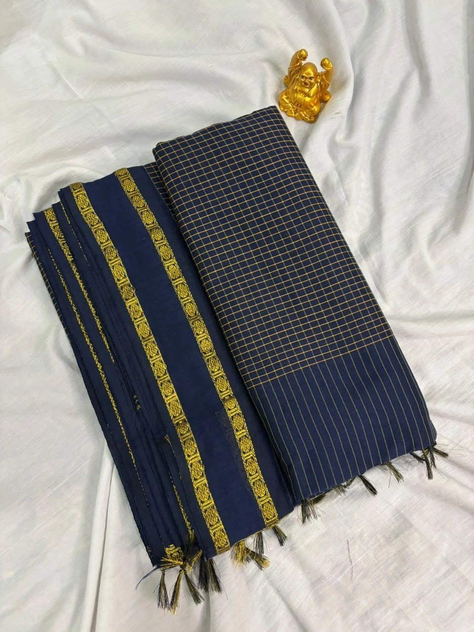 Navy Blue & Gold Checkered Arani Cotton Saree  AC002