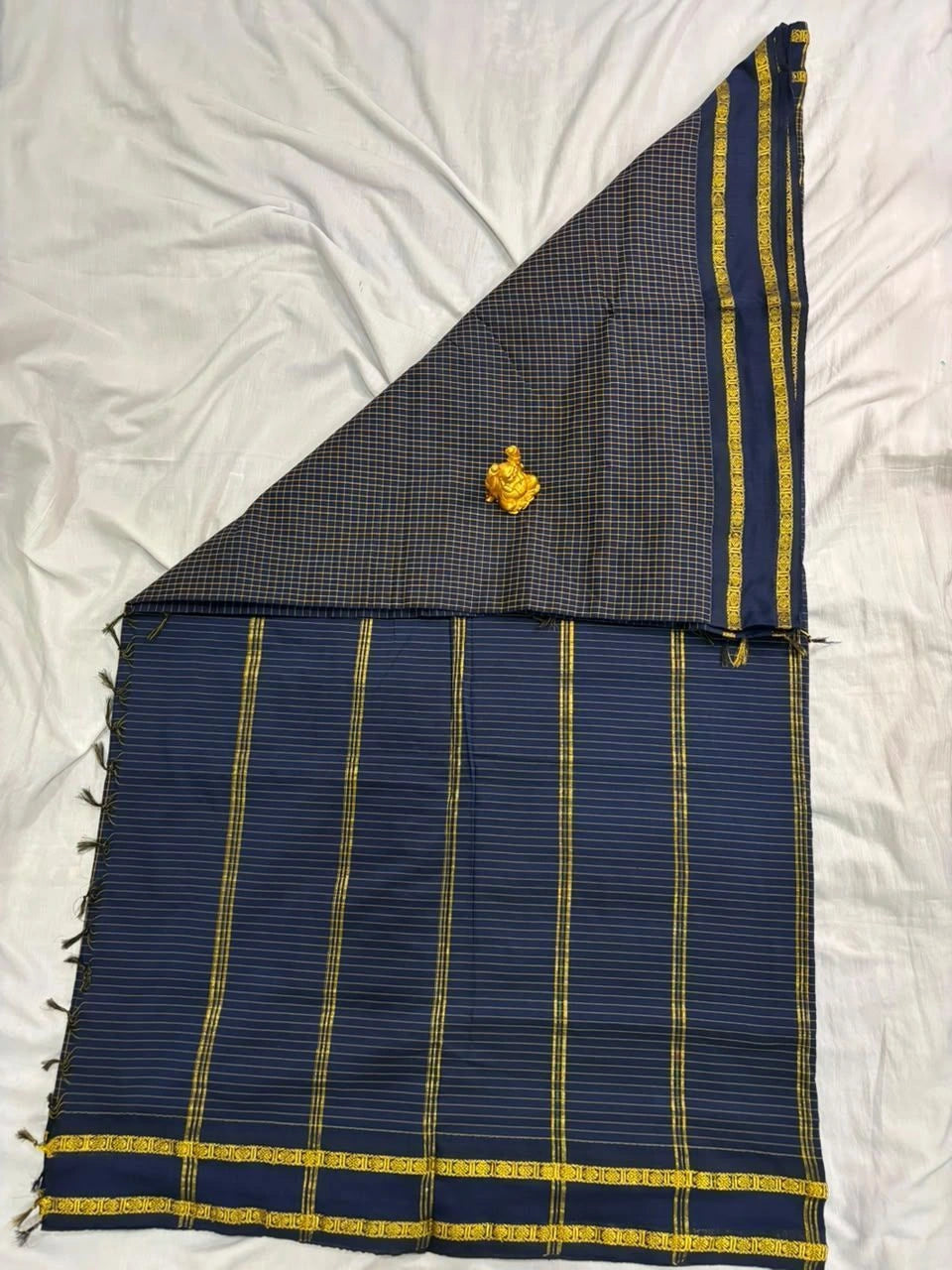 Navy Blue & Gold Checkered Arani Cotton Saree  AC002