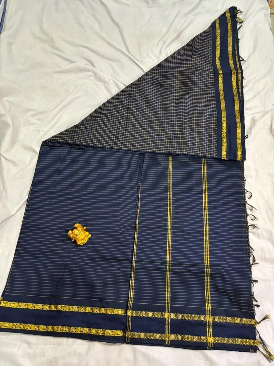 Navy Blue & Gold Checkered Arani Cotton Saree  AC002