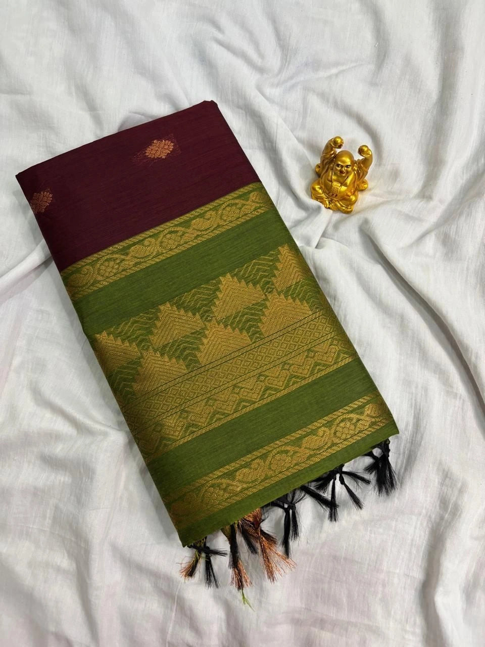 Wine Maroon & Mehendi Green Kalyani Cotton Saree KALYANI006
