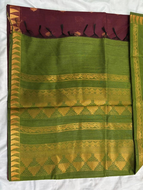 Wine Maroon & Mehendi Green Kalyani Cotton Saree KALYANI006
