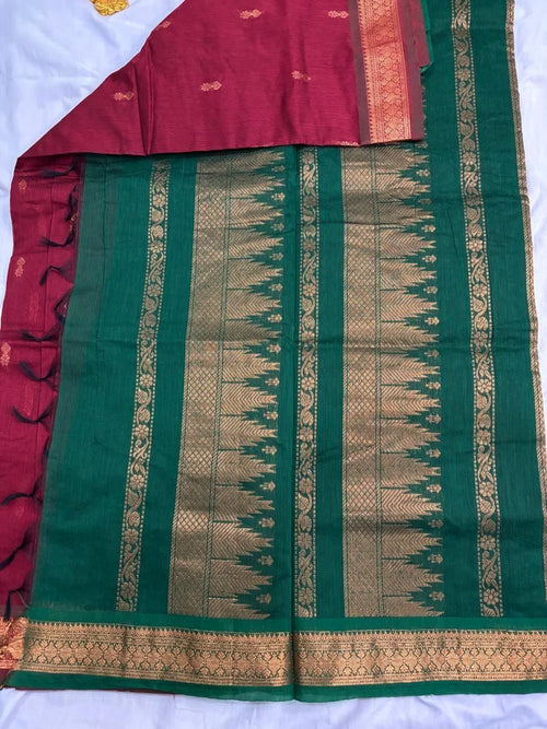 Deep Maroon & Bottle Green Kalyani Cotton Saree   KALYANI007