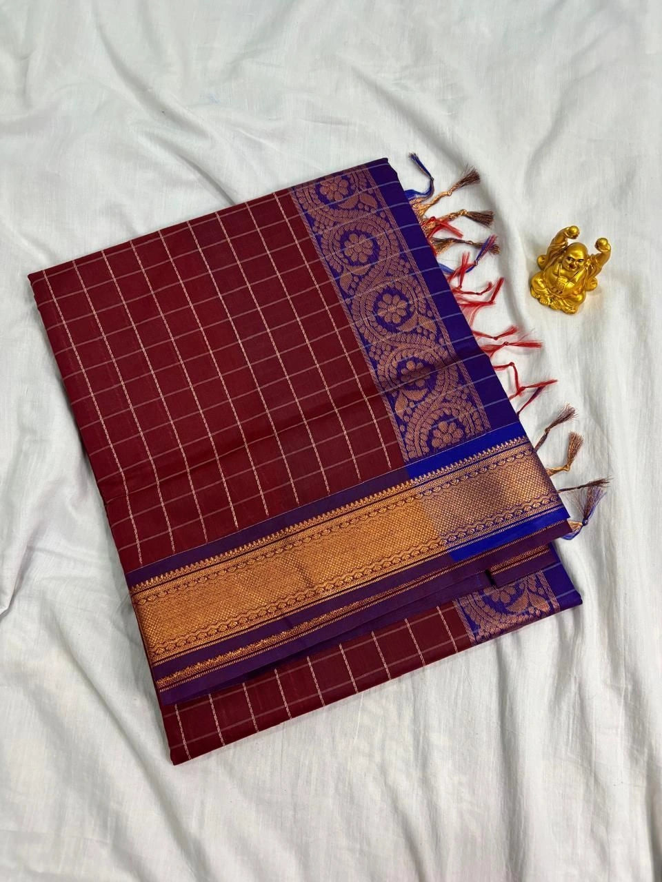 Maroon & Royal Blue Kalyani Cotton Saree - Kalyani004