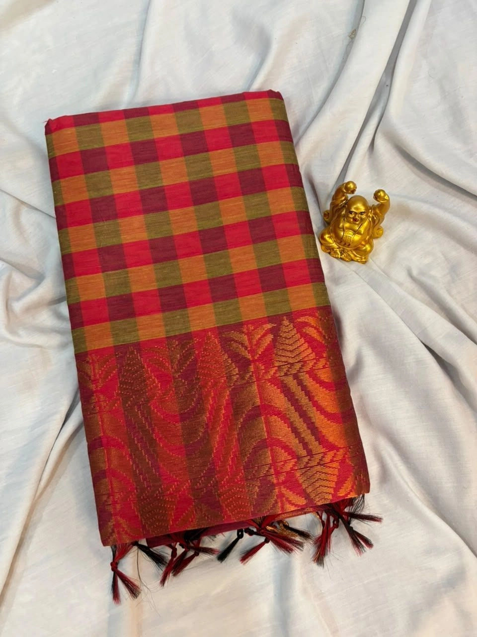 Crimson Red & Olive Green Checked Kalyani Cotton Saree - KLC006