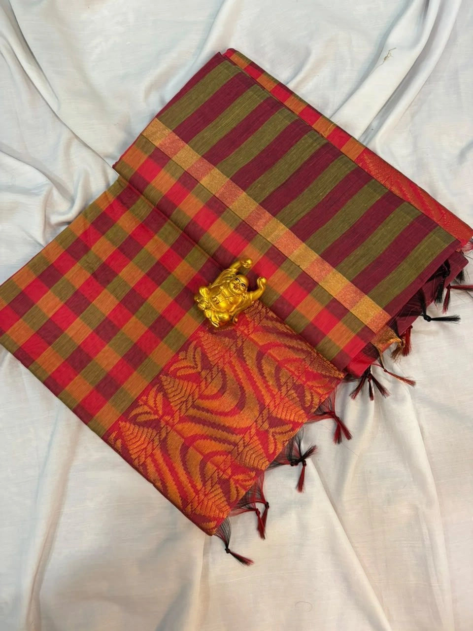 Crimson Red & Olive Green Checked Kalyani Cotton Saree - KLC006