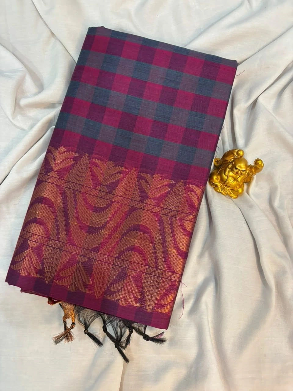 Berry Magenta & Charcoal Checked Kalyani Cotton Saree - KLC005