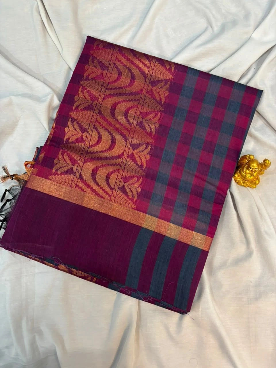 Berry Magenta & Charcoal Checked Kalyani Cotton Saree - KLC005