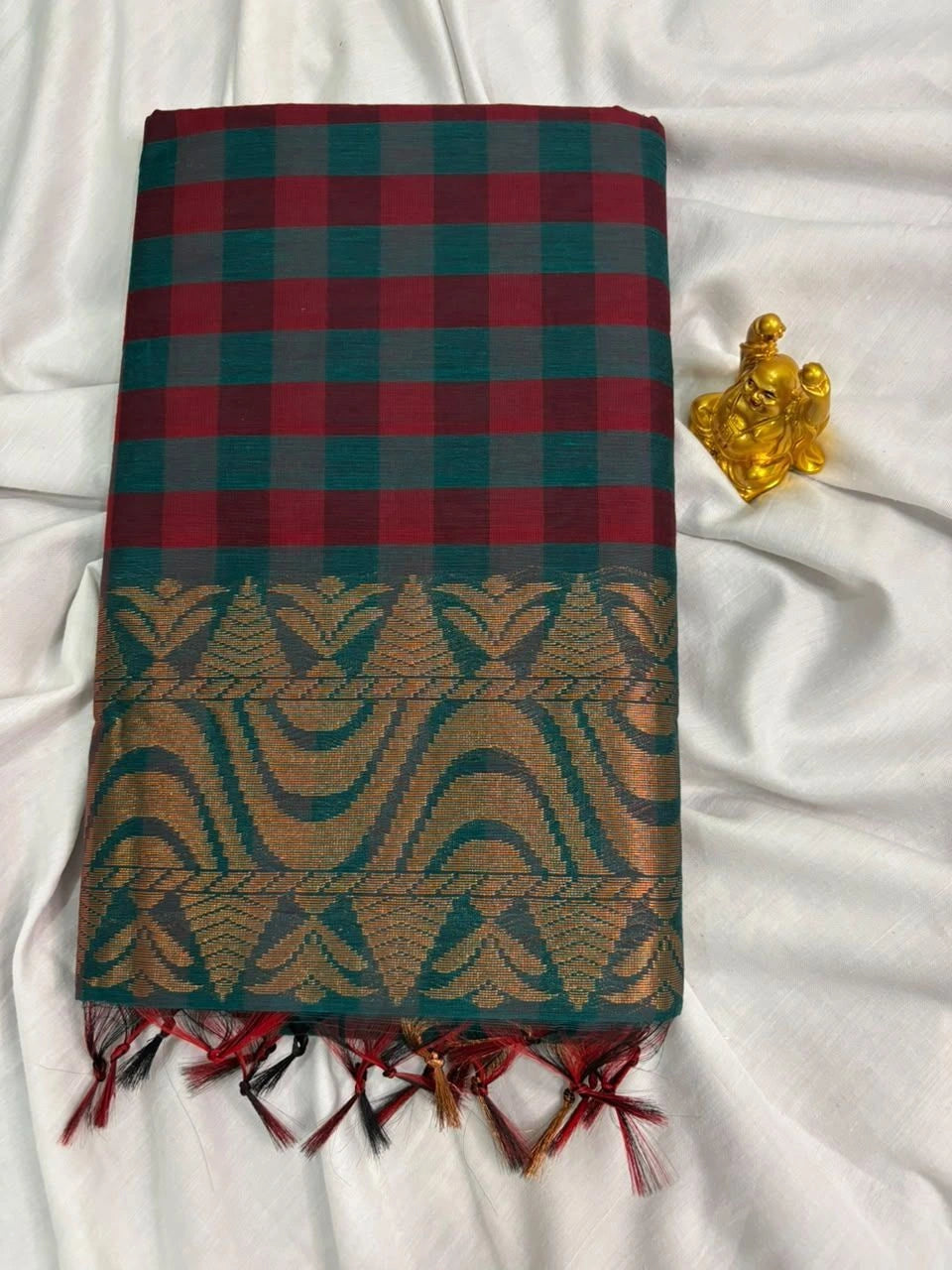 Deep Teal & Maroon Kalyani Cotton Checked Saree - KLC001