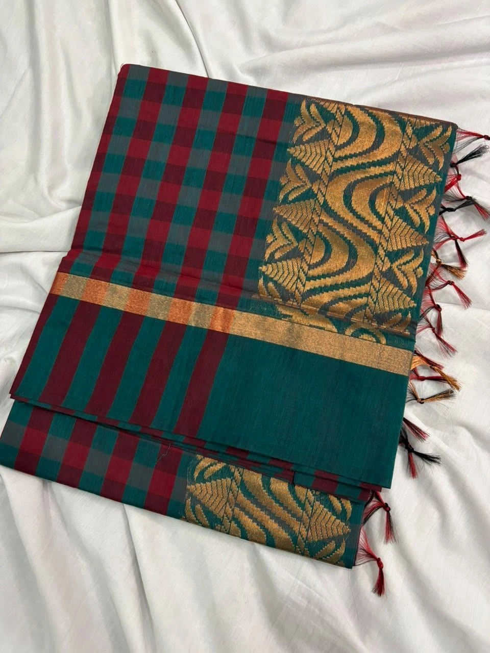 Deep Teal & Maroon Kalyani Cotton Checked Saree - KLC001