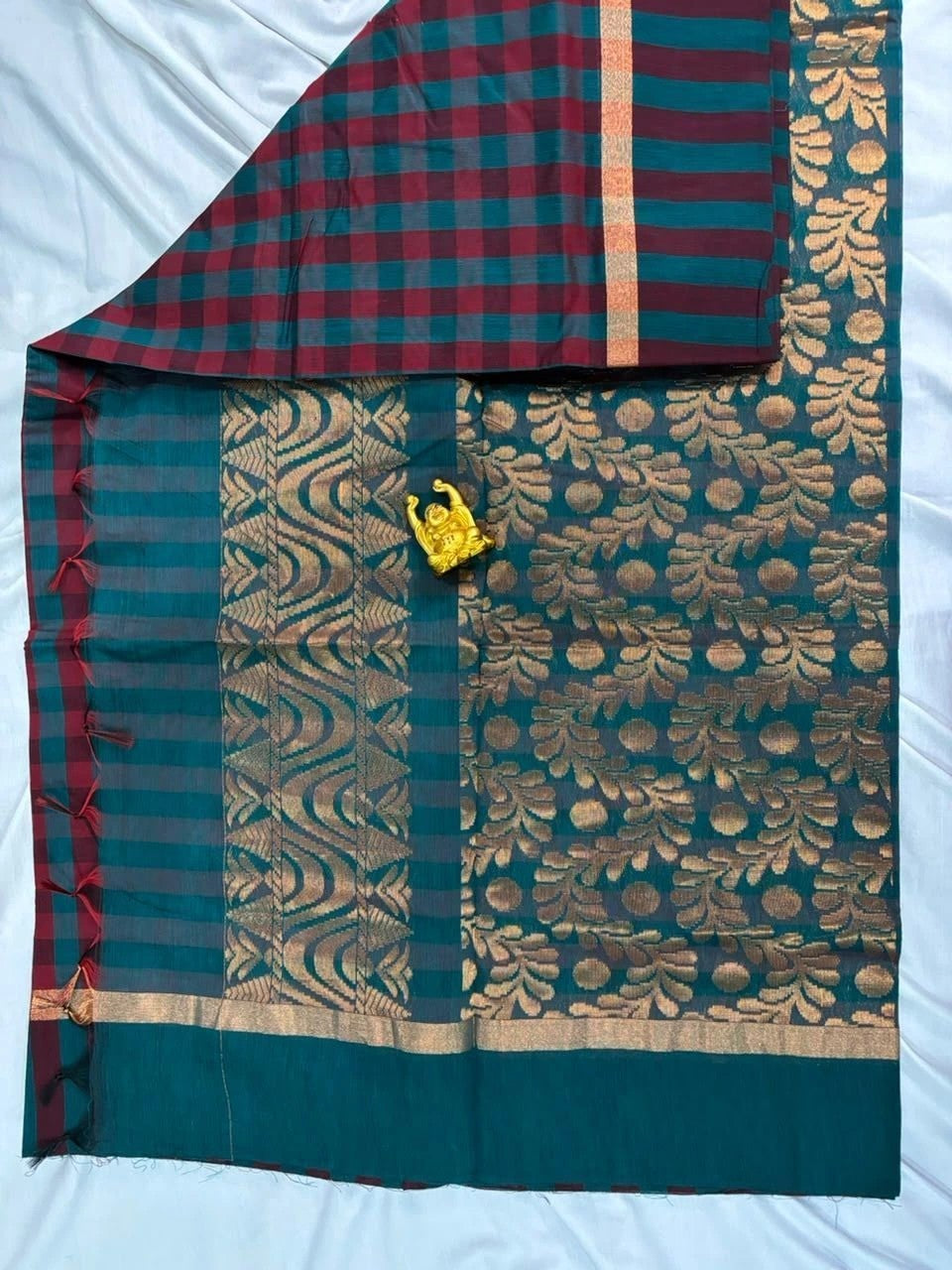 Deep Teal & Maroon Kalyani Cotton Checked Saree - KLC001