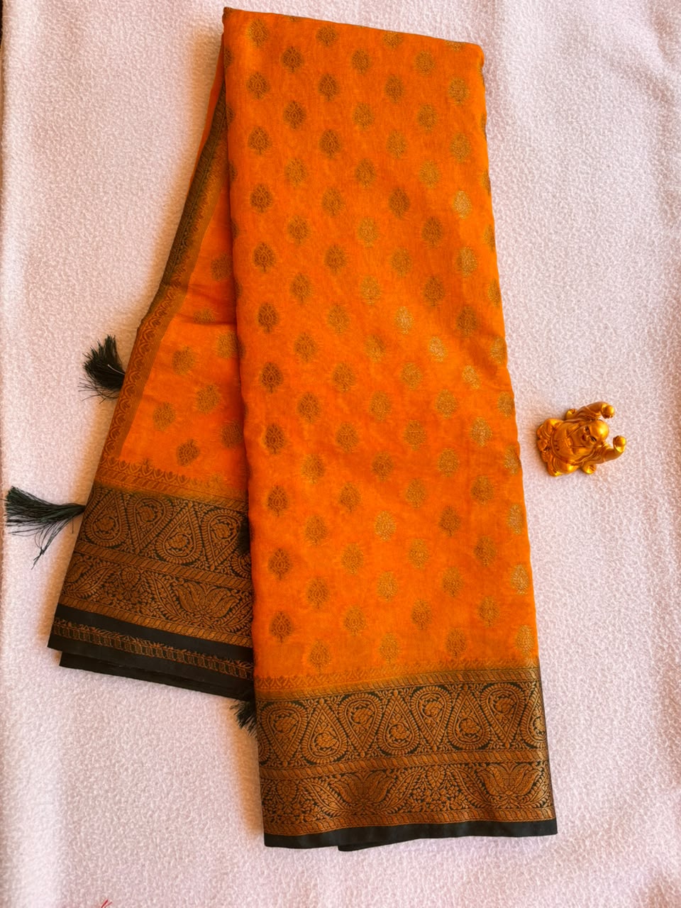 Marigold Orange & Bottle Green Semi Banarasi Soft Silk Saree  SBB007