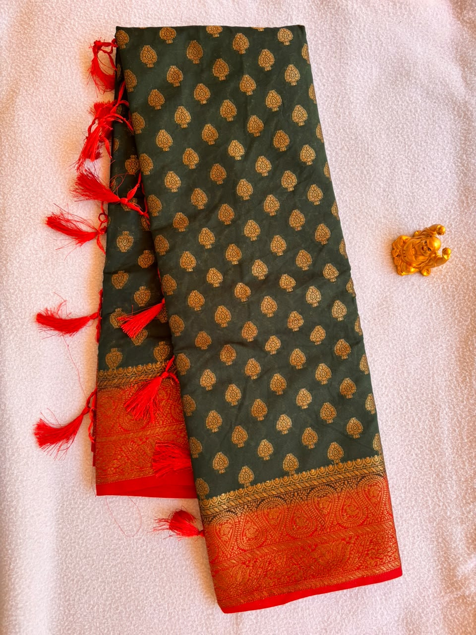 Bottle Green & Crimson Red Semi Banarasi Soft Silk Saree  SBB008