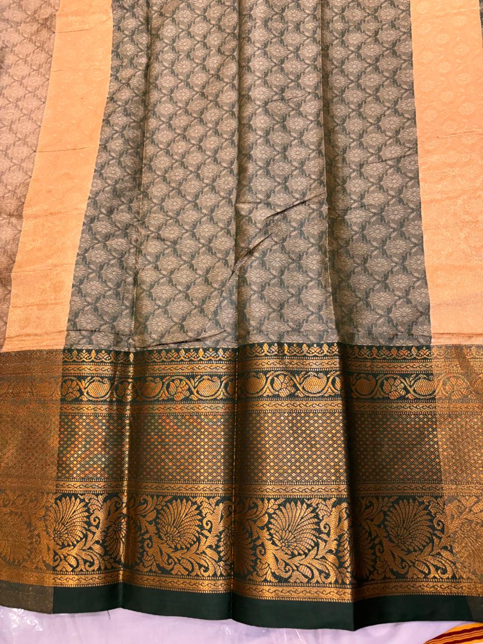 Champagne Gold & Emerald Green Satin Silk Saree with Brocade Blouse  MPSZ001