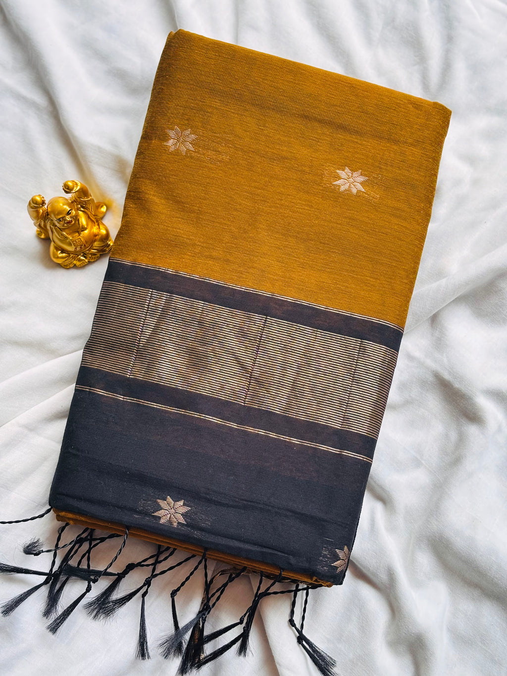 Mustard Yellow & Jet Black Maheshwari Cotton Saree  MH007