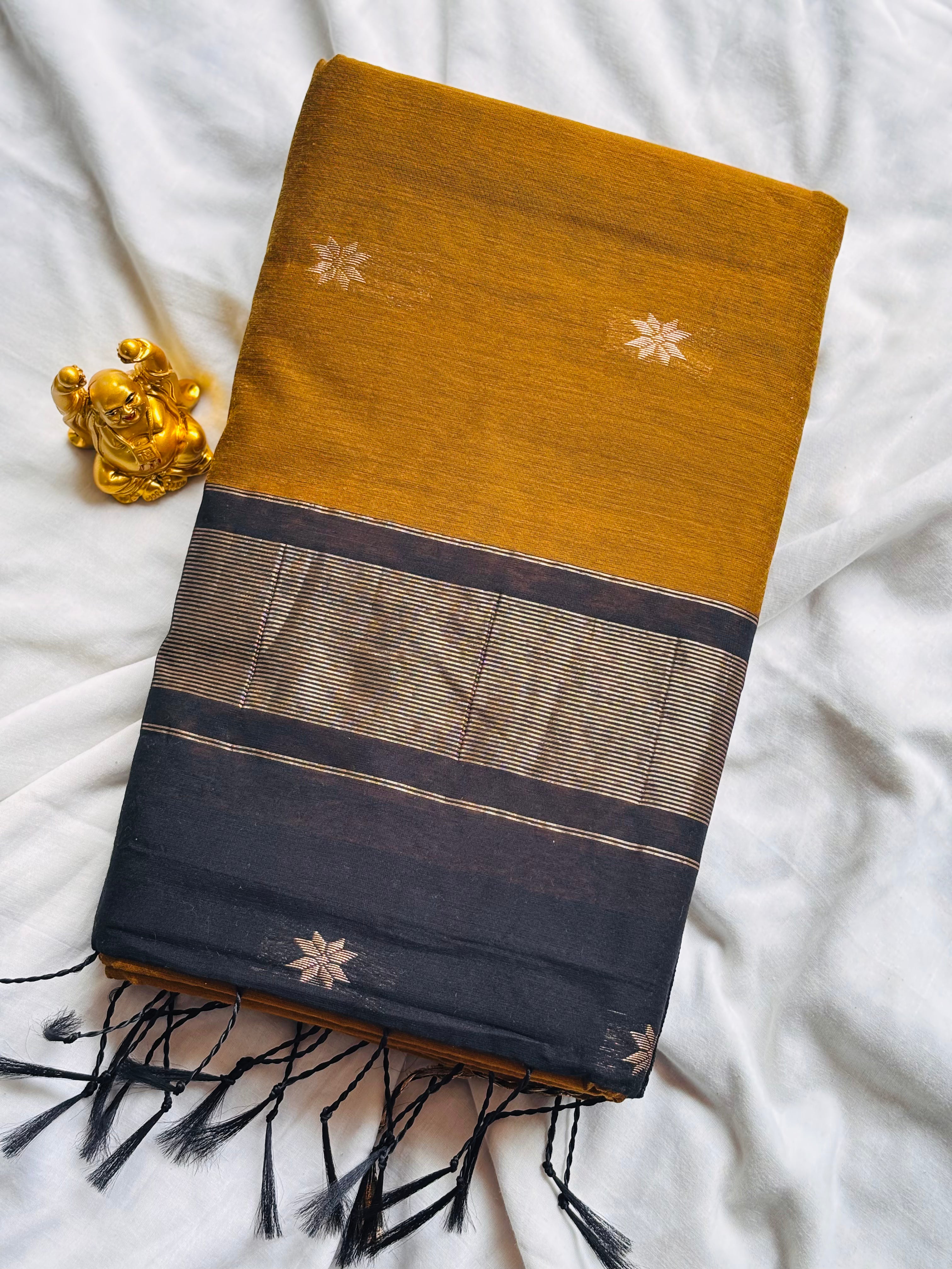 Mustard Yellow & Jet Black Maheshwari Cotton Saree  MH007