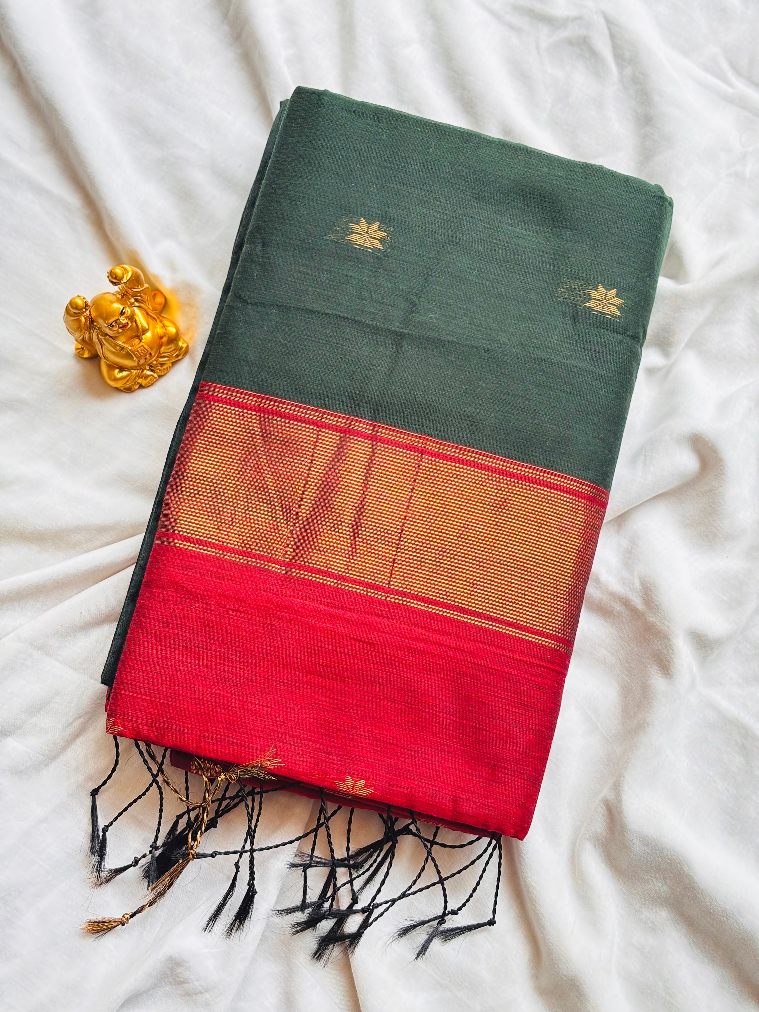 Emerald Bottle Green & Rich Crimson Red Maheshwari Cotton Saree  MH005