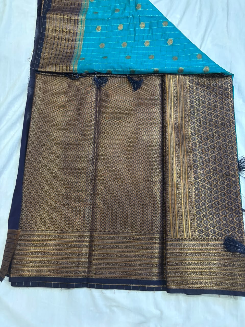 Peacock Blue & Navy Blue Checked Semi Banarasi Silk Saree SBC001