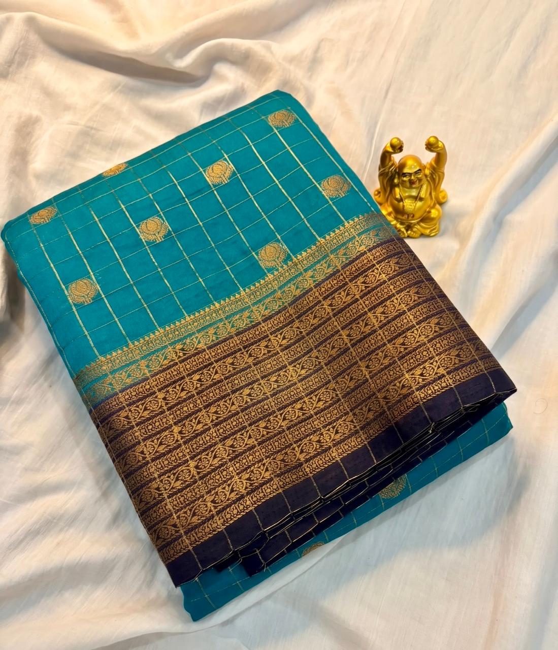 Peacock Blue & Navy Blue Checked Semi Banarasi Silk Saree SBC001