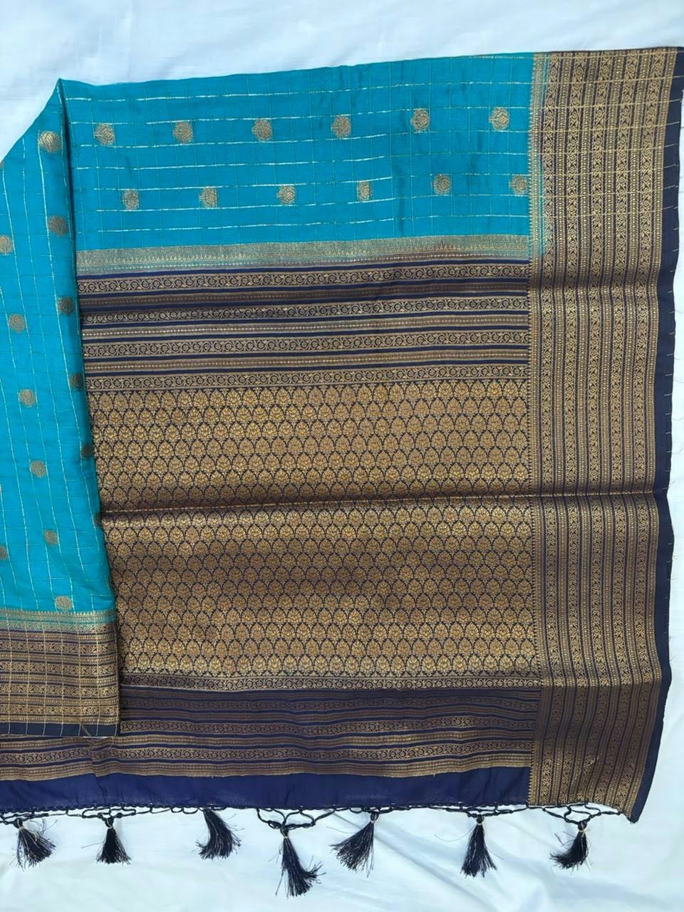 Peacock Blue & Navy Blue Checked Semi Banarasi Silk Saree SBC001