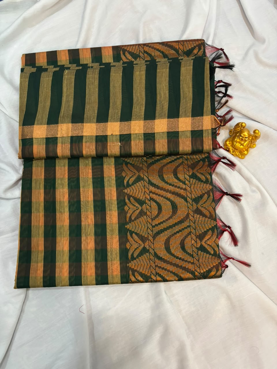 Deep Green & Gold Kalyani Cotton Checked Saree - KLC004