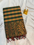 Deep Green & Gold Kalyani Cotton Checked Saree - KLC004
