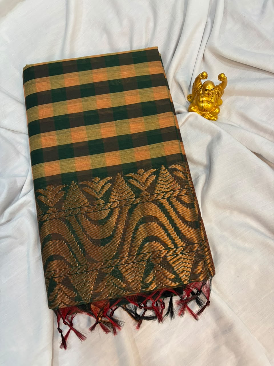 Deep Green & Gold Kalyani Cotton Checked Saree - KLC004