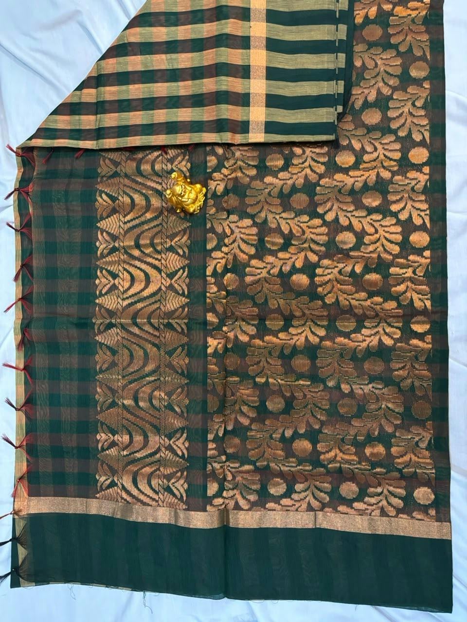 Deep Green & Gold Kalyani Cotton Checked Saree - KLC004