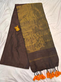 Espresso Brown Khadi Cotton Saree with Antique Copper-Gold Zari Pallu NT005
