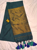 Deep Teal Green Khadi Cotton Saree with Antique Gold Zari Pallu  NT006