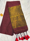 Wine Maroon Khadi Cotton Saree with Antique Gold Zari Pallu  NT003