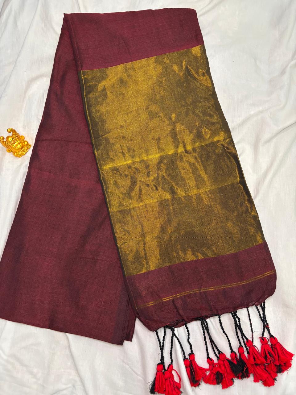 Wine Maroon Khadi Cotton Saree with Antique Gold Zari Pallu  NT003