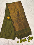 Olive Green Khadi Cotton Saree with Antique Copper Zari Pallu   NT002