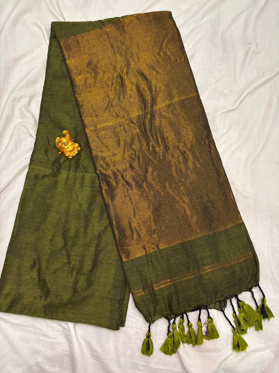 Olive Green Khadi Cotton Saree with Antique Copper Zari Pallu   NT002