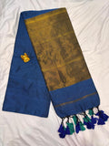 Royal Indigo Blue Khadi Cotton Saree with Antique Gold Zari Pallu  NT001