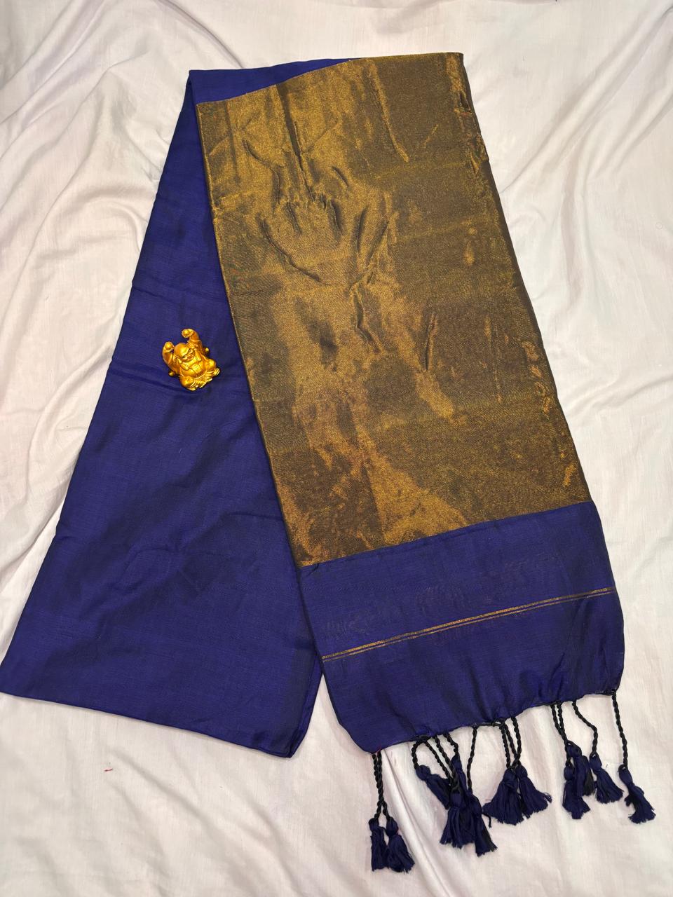Royal Indigo Khadi Cotton Saree with Antique Gold Zari Pallu  NT007
