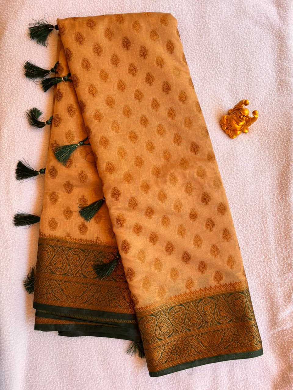Sandle Gold & Bottle Green Semi Banarasi Soft Silk Saree  SBB006