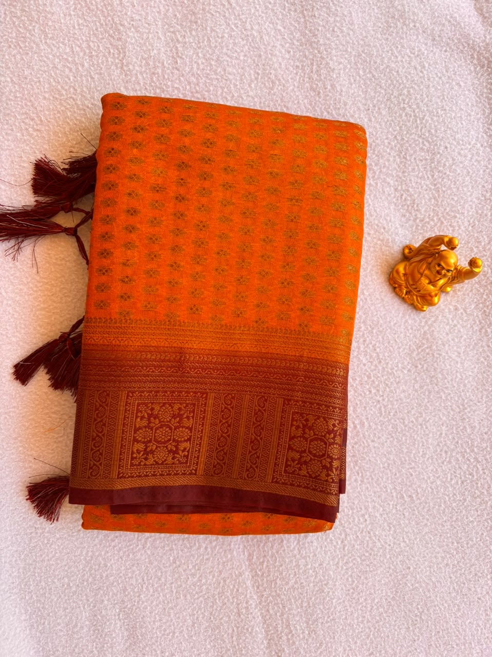 Tangerine Orange & Maroon Semi Banarasi Soft Silk Saree SBB005