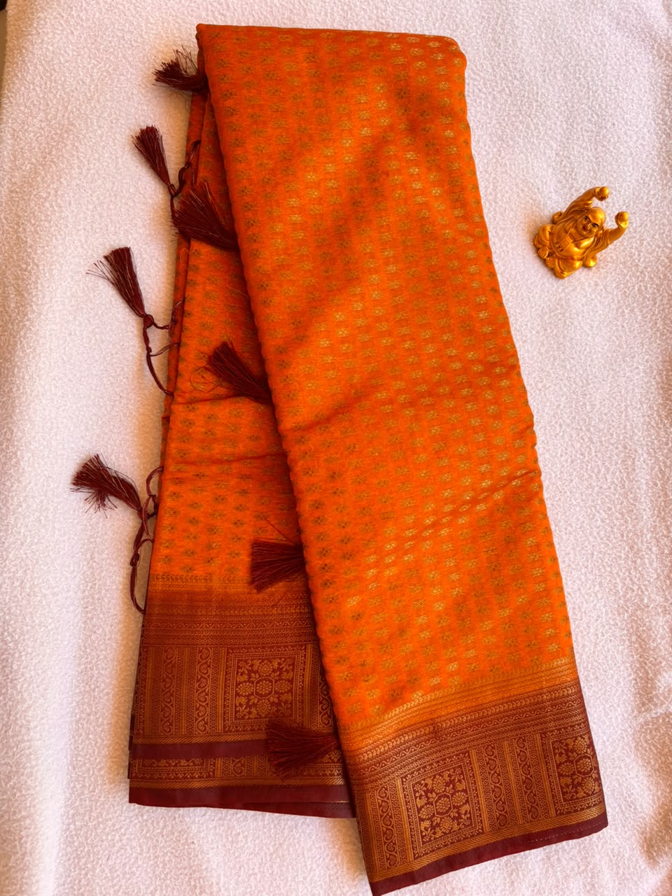 Tangerine Orange & Maroon Semi Banarasi Soft Silk Saree SBB005