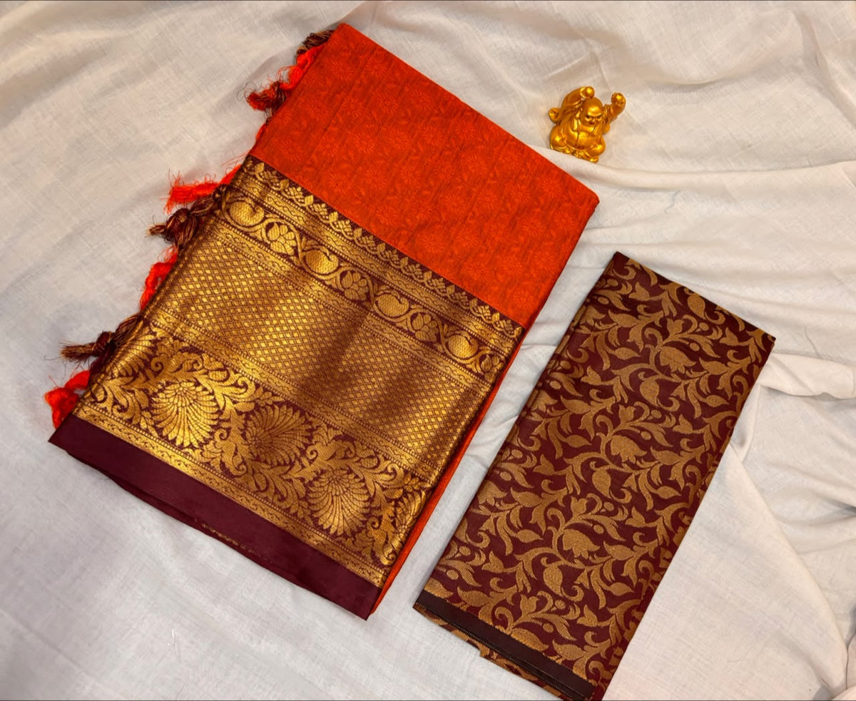 Rust Orange & Deep Maroon Satin Silk Saree with Brocade Blouse  MPSZ003