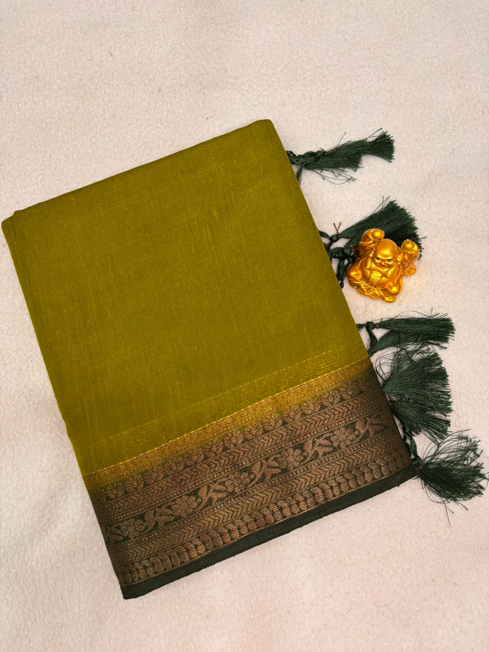 Olive Green & Antique Gold Semi Linen Jute Saree  MPSJ4