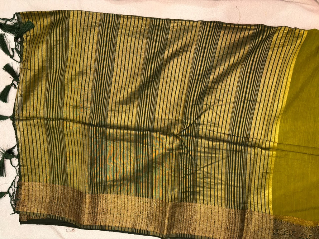 Olive Green & Antique Gold Semi Linen Jute Saree  MPSJ4
