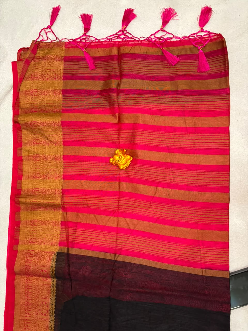 Black & Rani Pink Semi Linen Jute Saree  MPSJ2