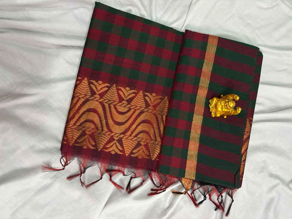 Maroon & Green Kalyani Cotton Checked Saree - KLC003