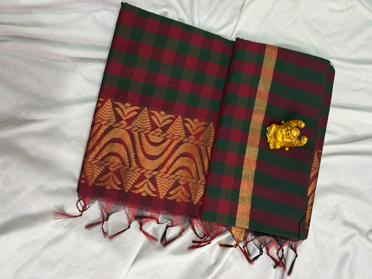 Maroon & Green Kalyani Cotton Checked Saree - KLC003