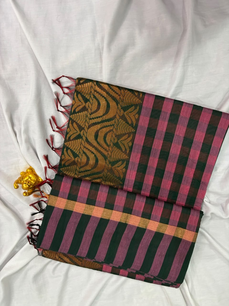 Pink & Deep Green Kalyani Cotton Checked Saree - KLC002