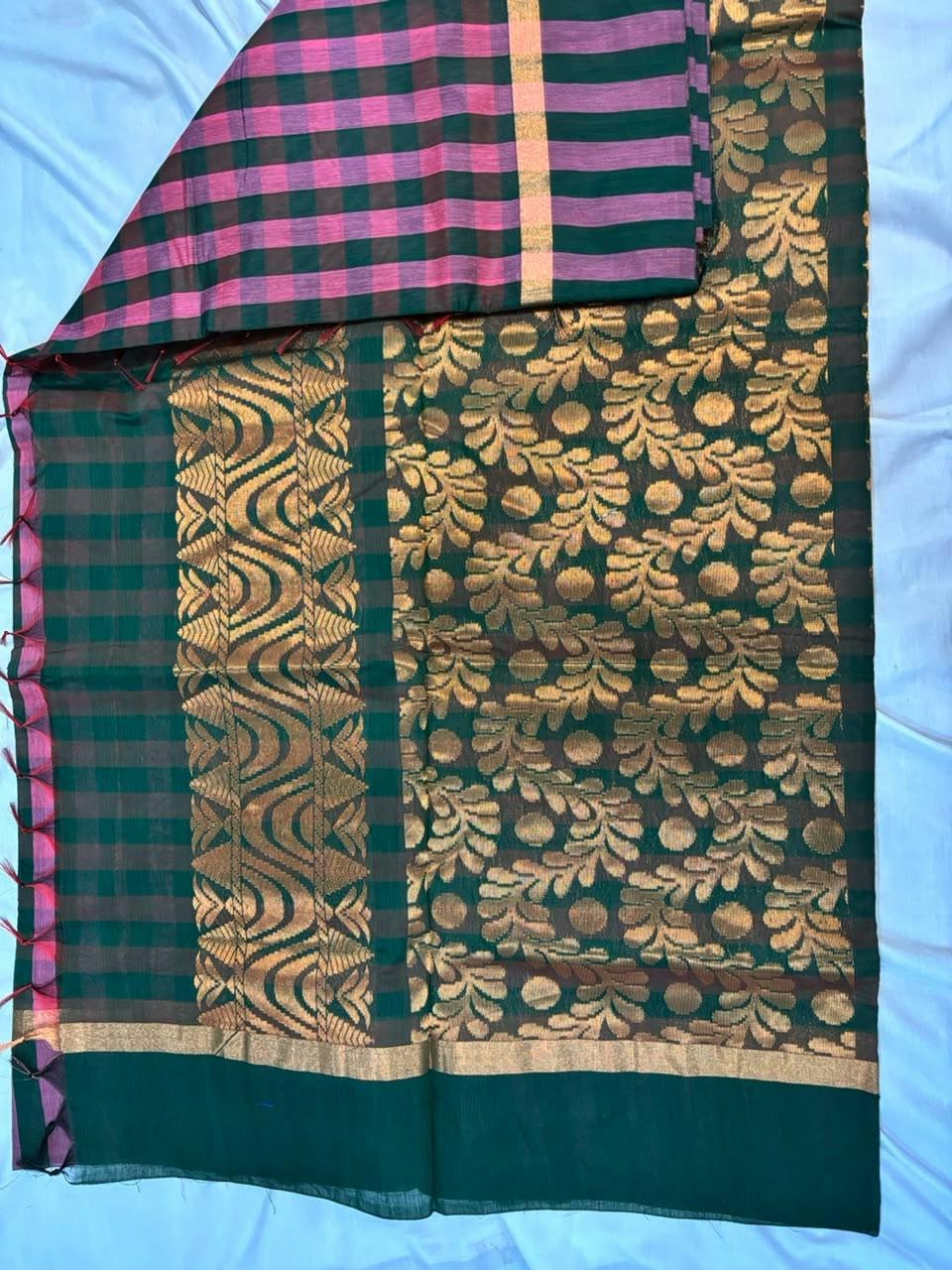 Pink & Deep Green Kalyani Cotton Checked Saree - KLC002