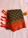 Bottle Green & Crimson Red Semi Banarasi Soft Silk Saree  SBB008